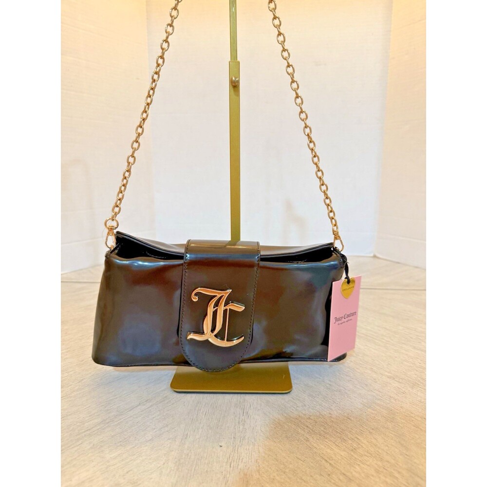 Juicy Couture Black Patent Leather Clutch Gold Monogramโ Women OS Bag Chic NWT